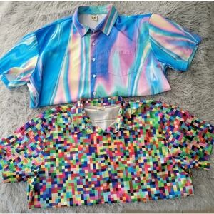 NEW 2 Hardaddy Disco Button Dress Shirt Colorful Pixels Marbled Blue Pink L